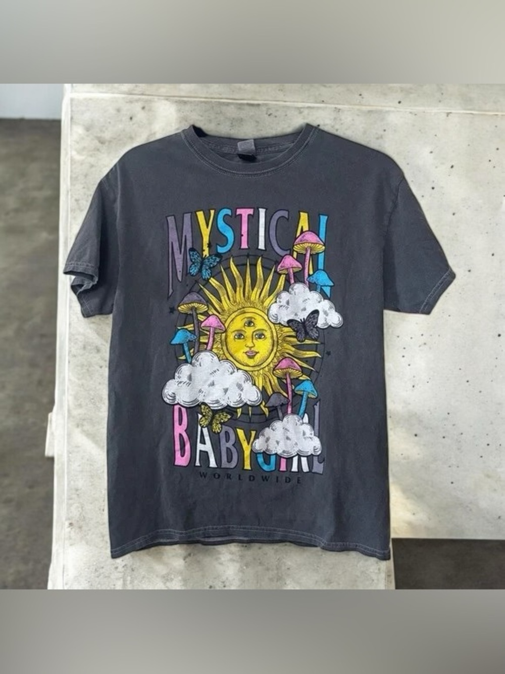 🏅 Mystical Sun Graphic Tee - Black with Yellow, Pink & Blue Accents